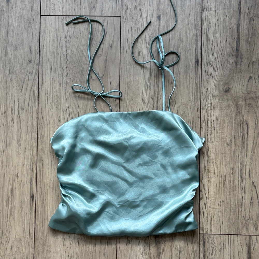 Calvin Klein Satin Crop Top Womens Small Green Tie Strap Ruched Cami Tank Top